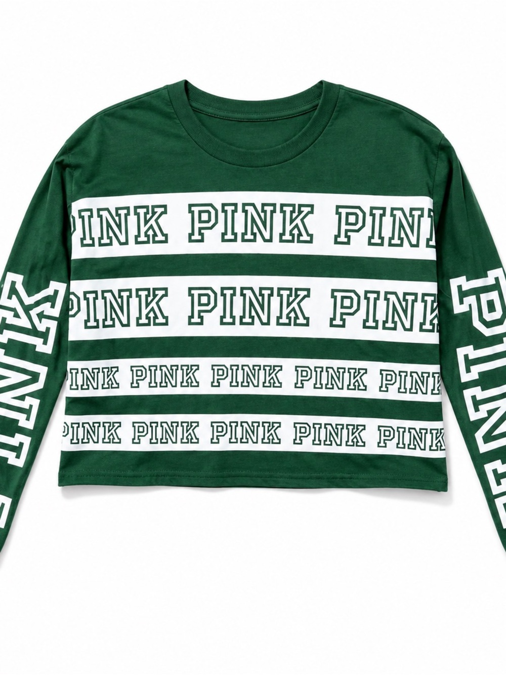 PINK Victoria's Secret Green & White Long-Sleeve Logo Stripe Tee
